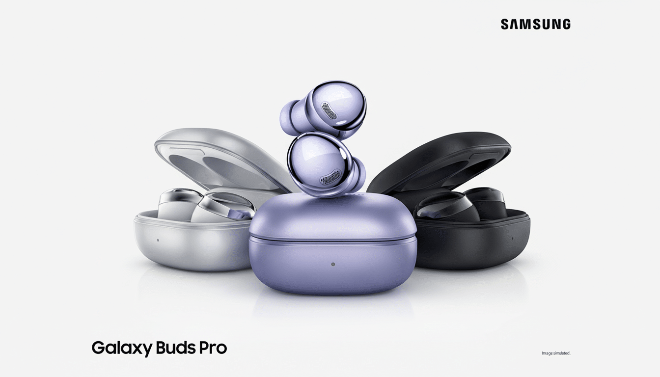 A professional image of three Samsung Galaxy Buds Pro cases and earbuds in silver, purple, and black, arranged on a clean white background.