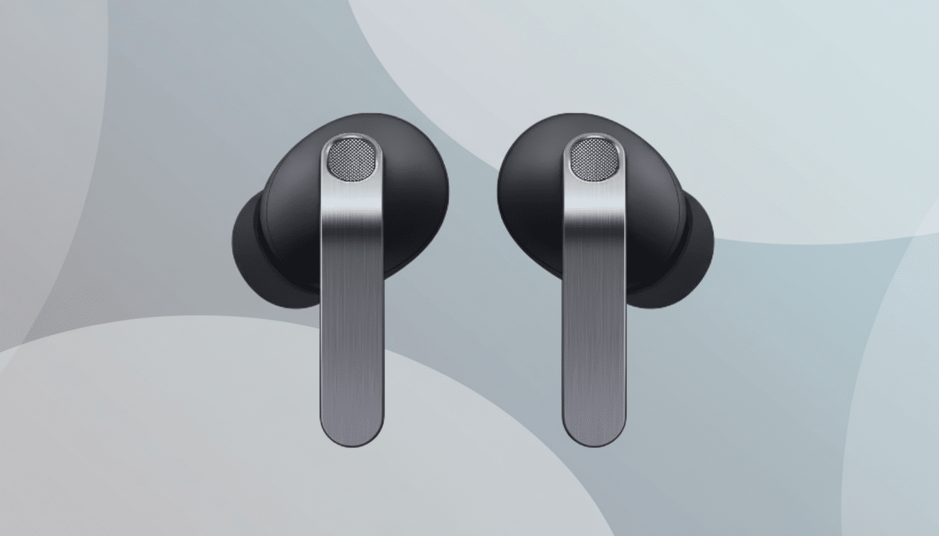 A pair of black wireless earbuds with silver accents, presented against a professional flat design background with soft gray and white patterns.