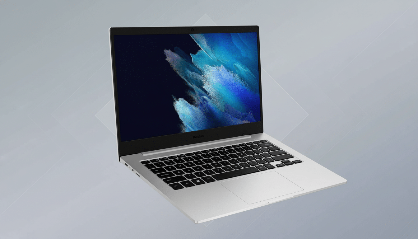 A silver Samsung laptop with a dark screen displaying a blue and purple abstract design, set against a professional grey background with subtle geometric patterns.