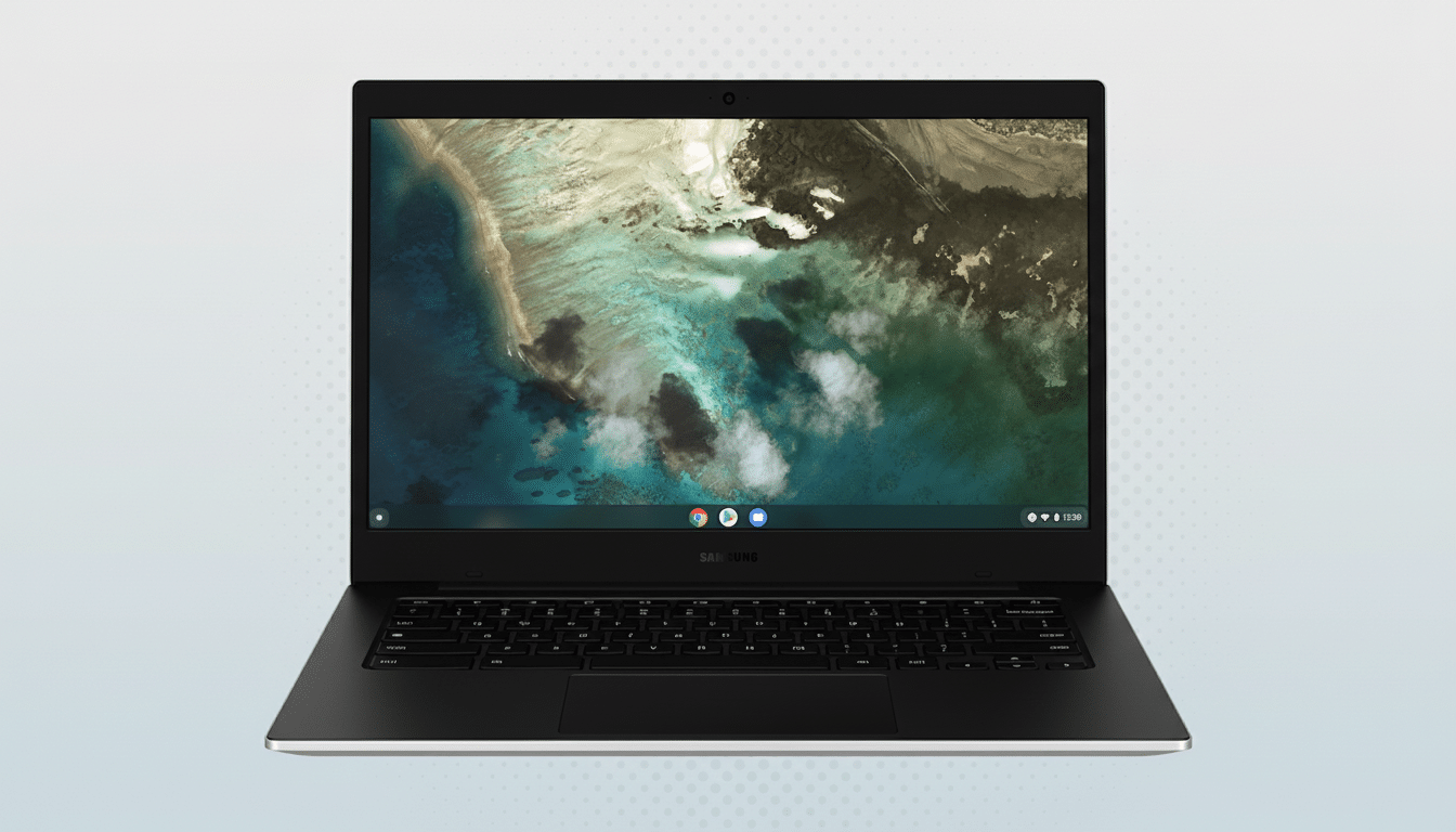 A Samsung Chromebook with a black body and silver trim, displaying a vibrant ocean landscape on its screen, set against a professional light gray background with subtle dot patterns.