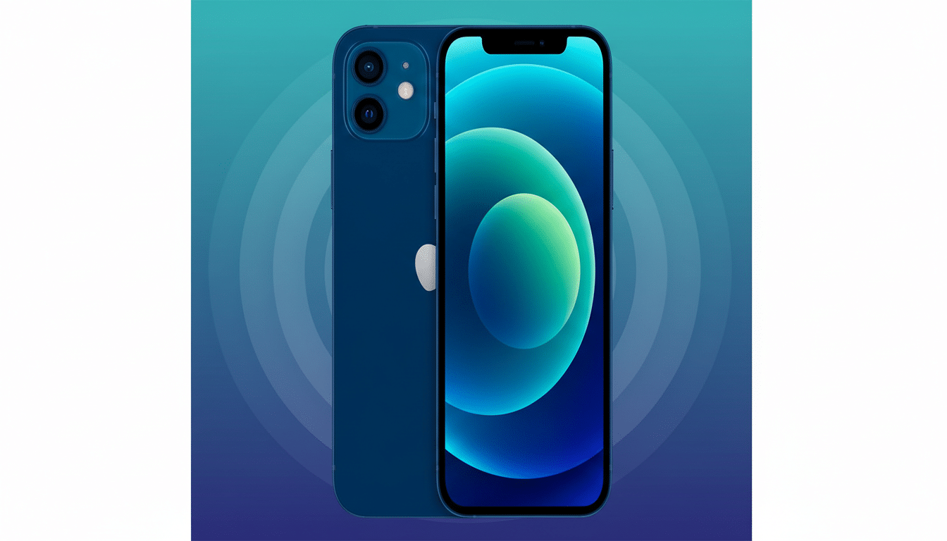 A blue iPhone 12, shown from the front and back, against a professional flat design background with soft blue and green gradients and subtle circular patterns.