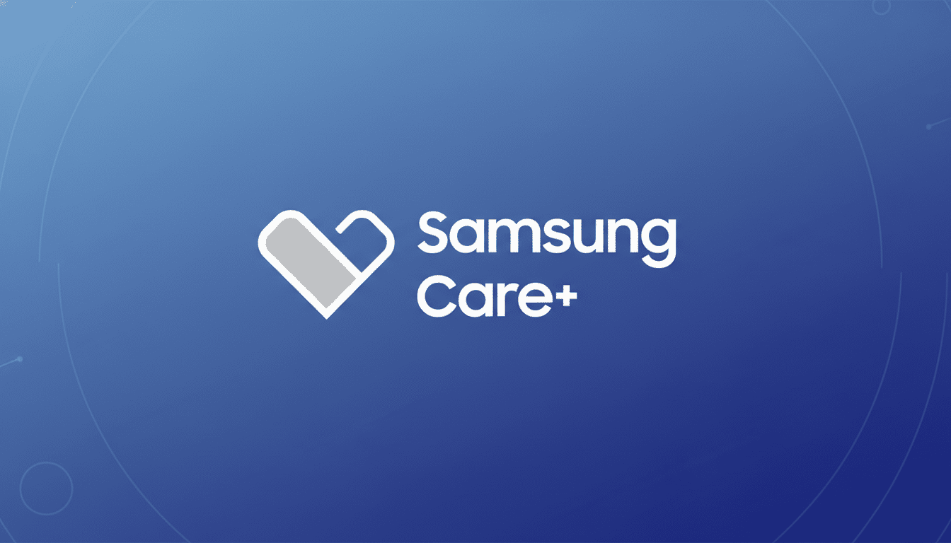 The Samsung Care+ logo, featuring a stylized white and grey heart icon next to the text Samsung Care+ in white, set against a professional blue gradient background with subtle circular patterns.