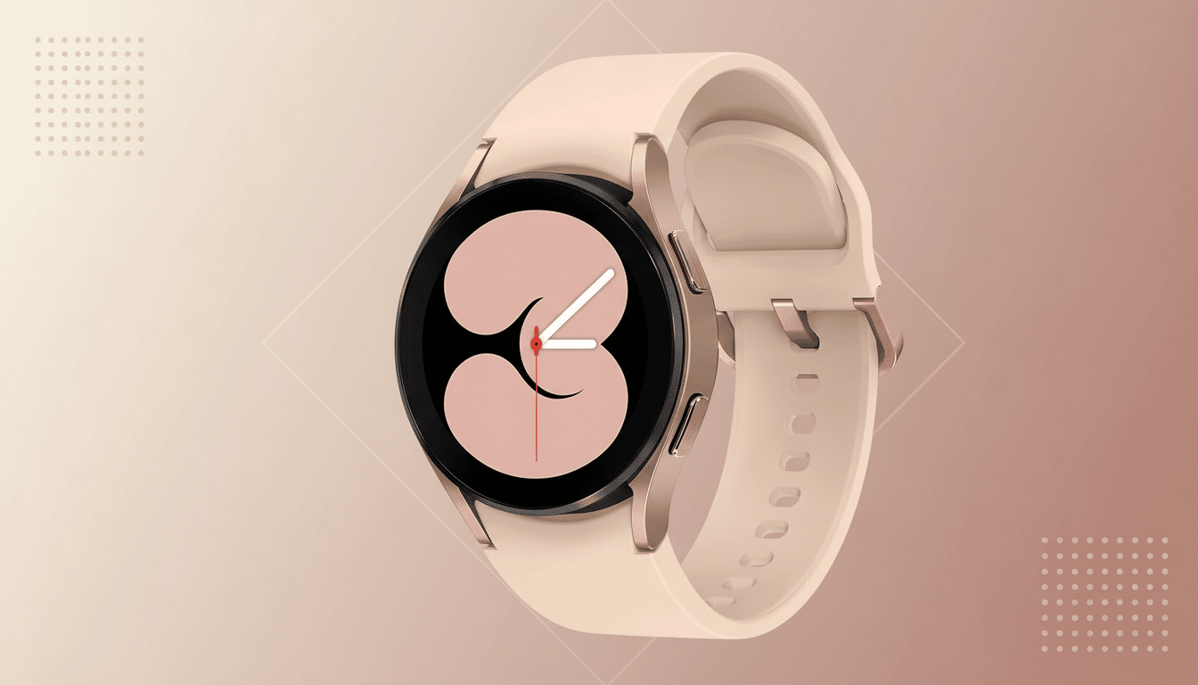 A Samsung Galaxy Watch 4 with a rose gold case and a light pink band, presented on a professional flat design background with soft pink and beige gradients and subtle geometric patterns.