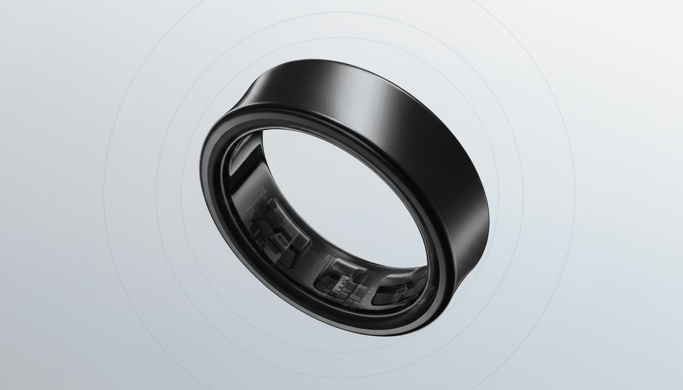A sleek, black smart ring with visible internal components, presented on a professional light gray background with subtle circular patterns.
