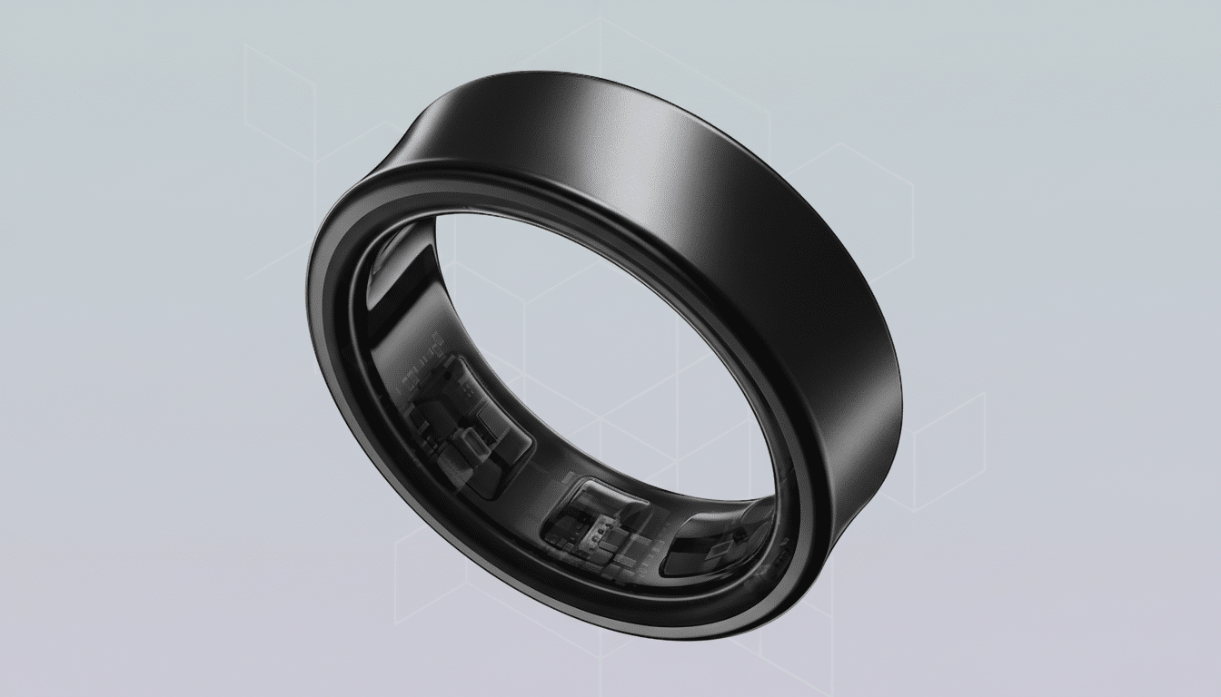 A sleek, black smart ring with visible internal components, presented on a professional light gray background with subtle geometric patterns.