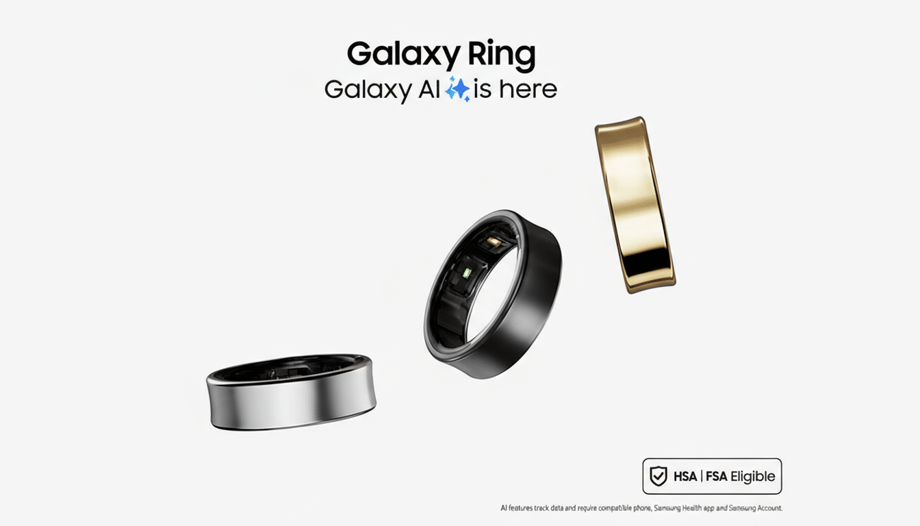 A 16:9 aspect ratio image of three Galaxy Rings in silver, black, and gold, with the text Galaxy Ring and Galaxy AI ✨ is here at the top.