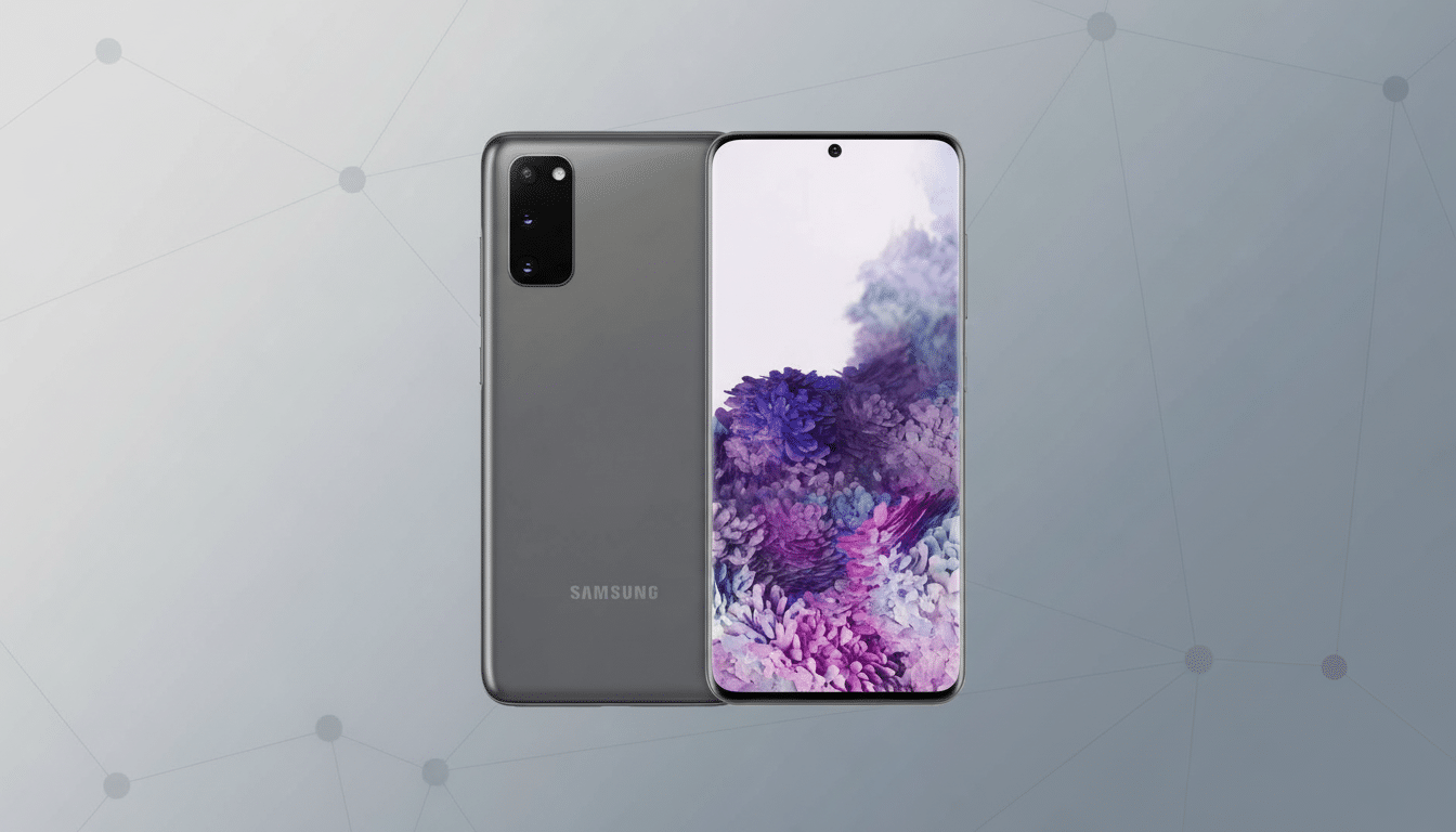 A gray Samsung Galaxy S20 smartphone, with its front and back visible, set against a professional flat design background with soft patterns.