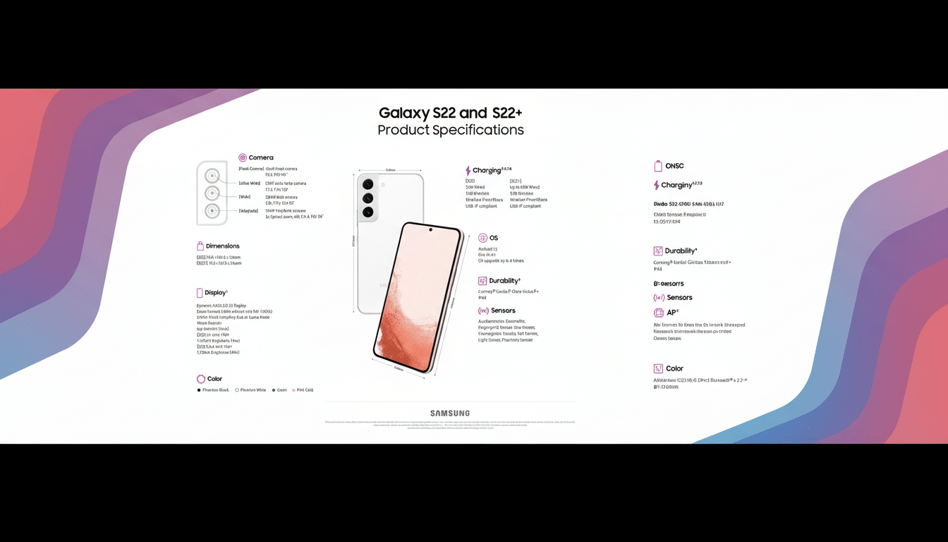 A professionally enhanced image of the Samsung Galaxy S22 and S22+ product specifications, resized to a 16:9 aspect ratio. The original product information and phone image are preserved, set against a new background featuring soft, professional gradients in purple and blue.