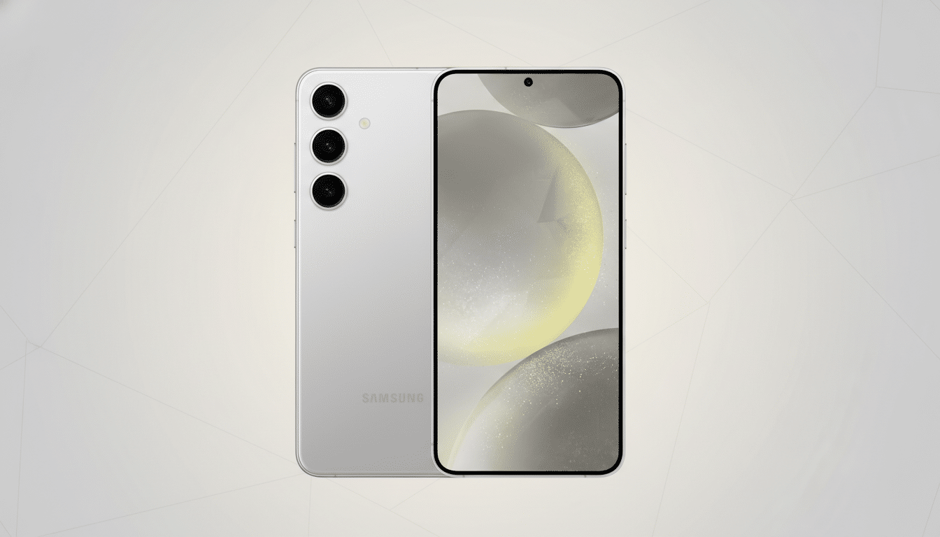A silver Samsung smartphone is displayed against a professional flat design background with soft patterns. The phone is shown from the front and back, with the screen displaying a light-colored abstract design.