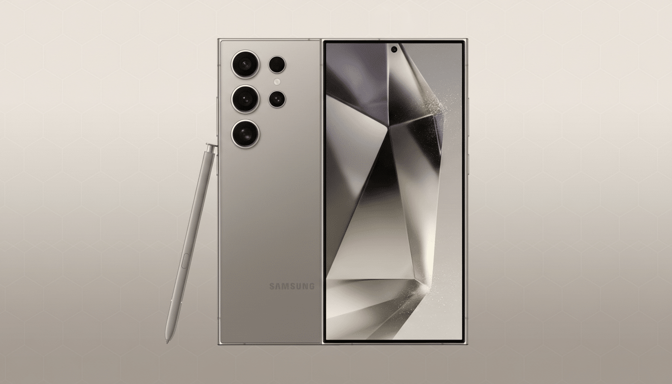 A Samsung Galaxy S23 Ultra in a light beige color, with its S Pen stylus, presented against a professional flat design background with soft patterns and gradients.