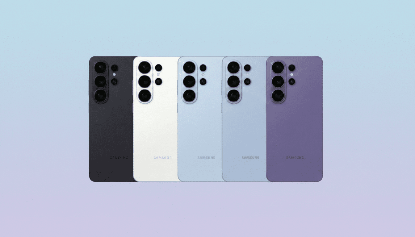 Four Samsung smartphones in black, white, light blue, and purple, arranged in a row on a soft gradient background.