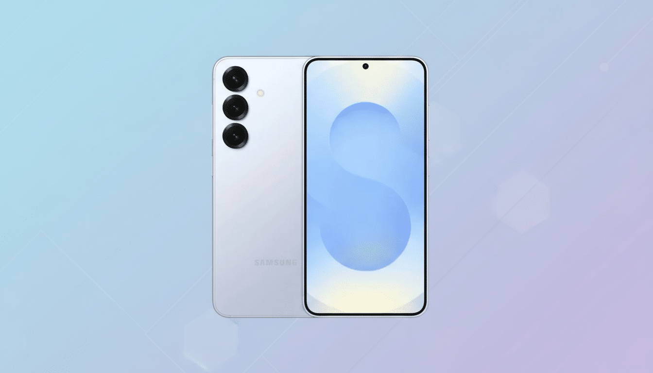 A white Samsung smartphone is displayed against a professional flat design background with soft blue and purple gradients and subtle geometric patterns. The phone is shown from the front and back, with the screen displaying a light blue and yellow abstract design.