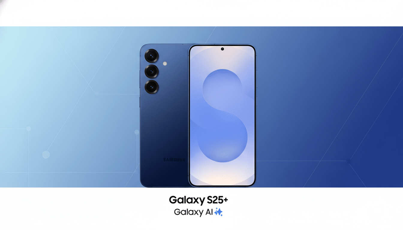 A blue Samsung Galaxy S25+ smartphone is displayed with its front and back visible, set against a professional blue gradient background with subtle geometric patterns. The screen shows a light blue abstract design. Below the phone, the text Galaxy S25+ and Galaxy AI ✨ is displayed.