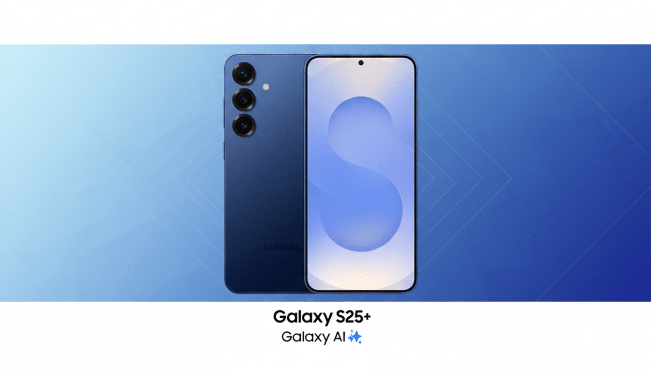 A blue Samsung Galaxy S25+ smartphone is displayed with its front and back visible, set against a professional blue gradient background with subtle geometric patterns. The phones screen shows a light blue abstract design. Below the phone, the text Galaxy S25+ and Galaxy AI ✨ is displayed.