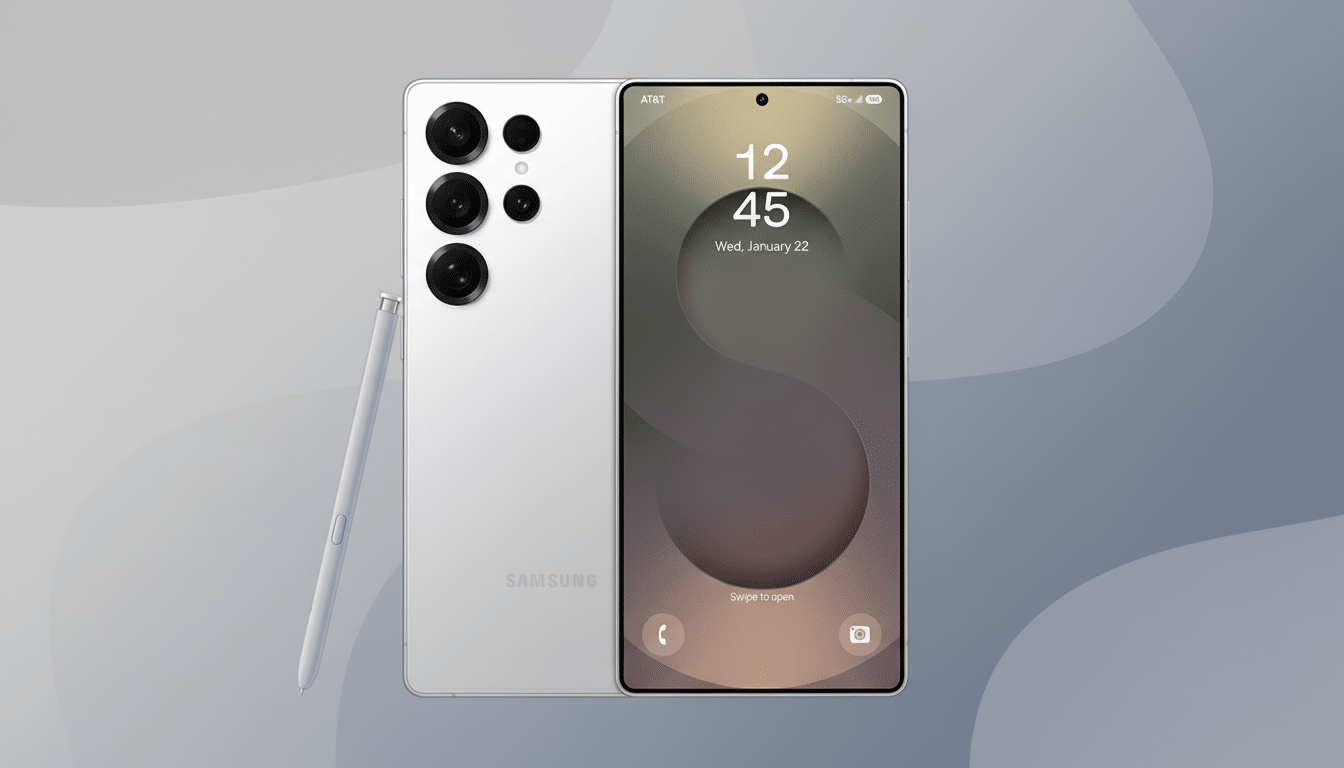 A white Samsung smartphone with its back facing forward, displaying multiple cameras, and its screen facing forward, showing the time and date. A light blue stylus is positioned to the left of the phone. The background is a professional flat design with soft gray gradients.