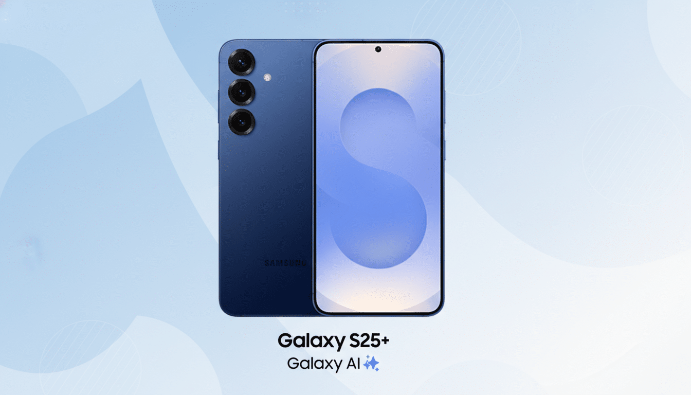 A blue Samsung Galaxy S25+ smartphone is displayed with its front and back visible, set against a professional light blue and white gradient background with subtle geometric patterns. The phones screen shows a light blue abstract design. Below the phone, the text Galaxy S25+ and Galaxy AI ✨ is visible.