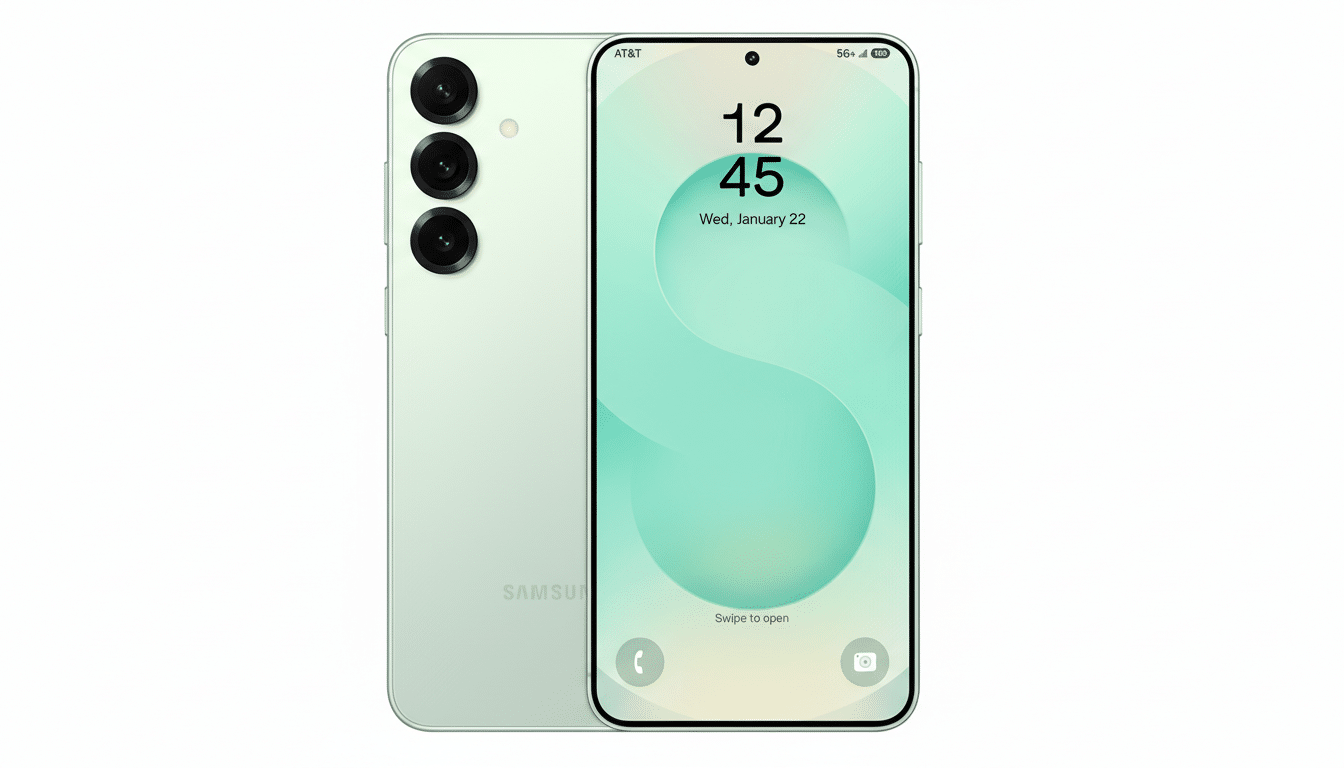 A light green Samsung smartphone is displayed in a 16:9 aspect ratio. The front of the phone shows the time 12:45 and the date Wednesday, January 22, with a light green and white abstract background. The back of the phone, also light green, is visible to the left, showcasing its triple camera setup. The background is a clean, professional white.