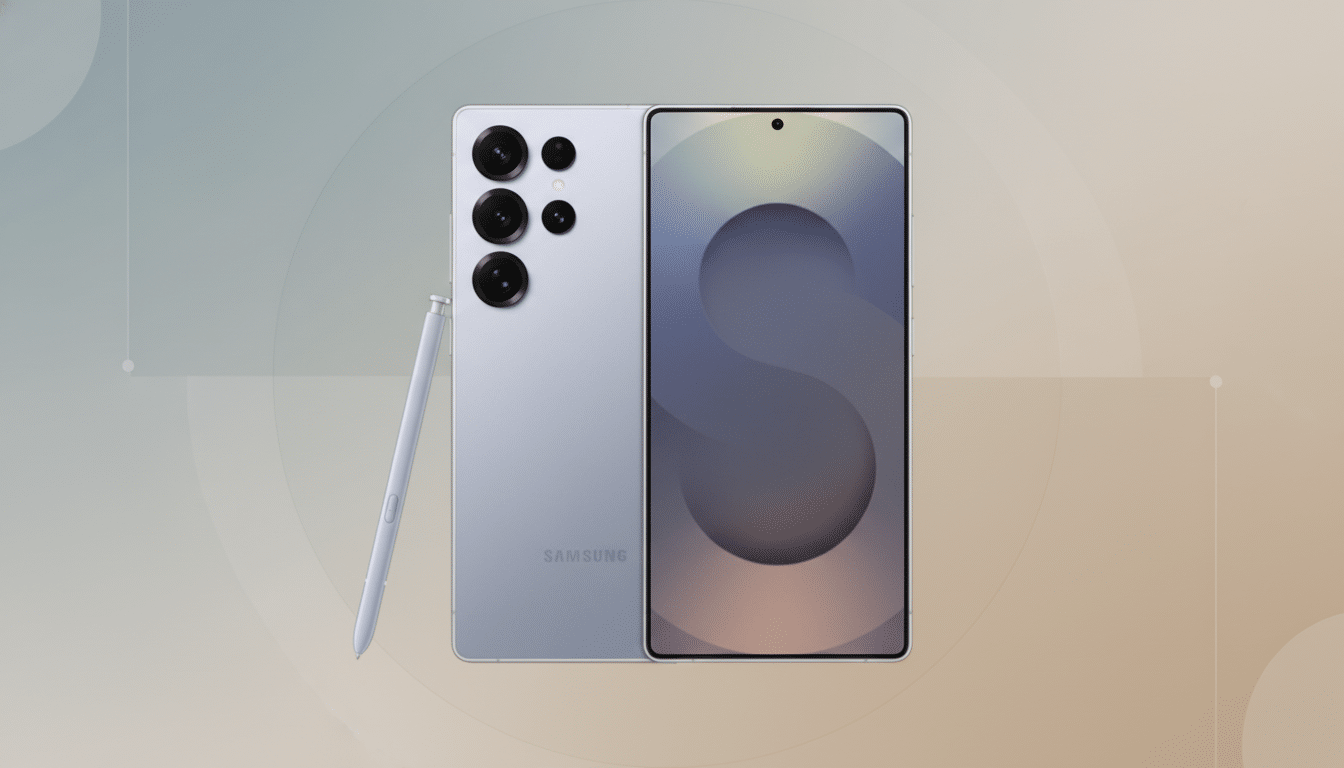 A light purple Samsung smartphone with its S Pen stylus lying next to it, presented on a professional flat design background with soft gradients and subtle geometric patterns.