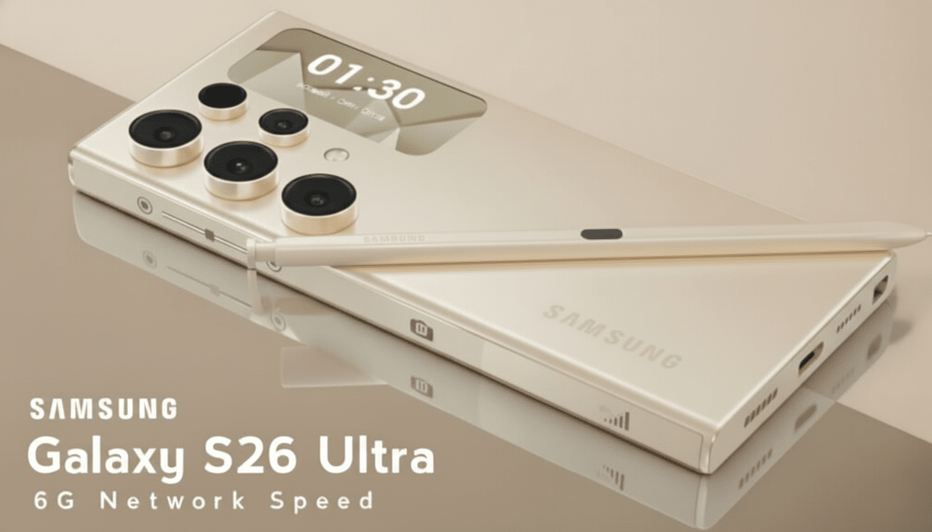 A gold Samsung Galaxy S26 Ultra phone with a matching stylus, presented on a professional background with soft gradients.