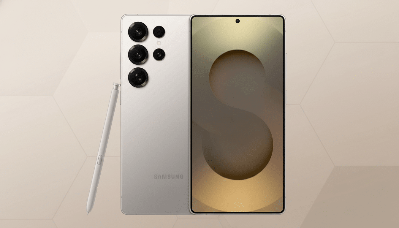 A Samsung smartphone in a light color with its stylus, presented on a professional flat design background with soft patterns.