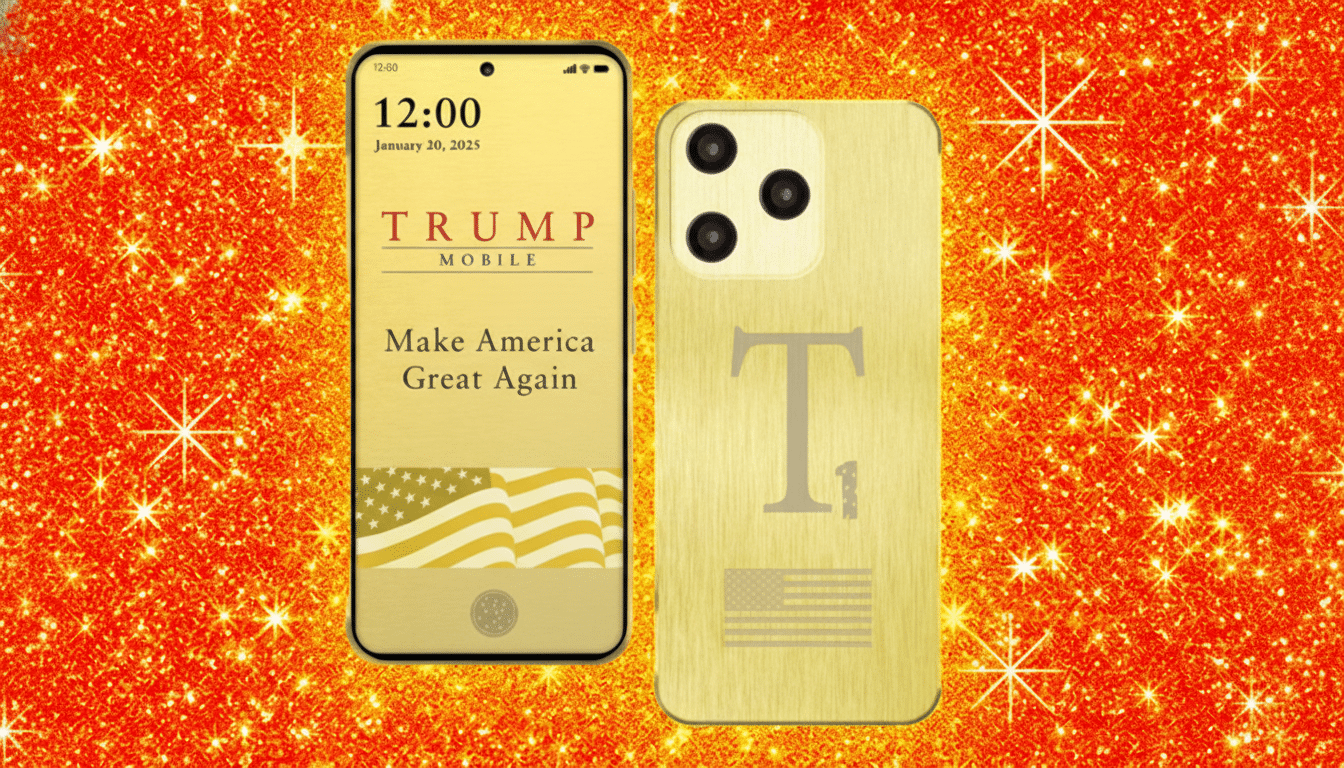 A gold Trump-branded smartphone and its gold case with a T and American flag design, set against a sparkling orange background.