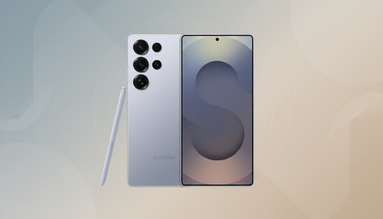 A light purple Samsung smartphone with its S Pen stylus lying next to it, presented on a professional flat design background with soft gradients and subtle circular patterns.