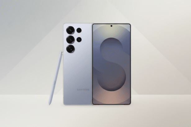 A light purple Samsung smartphone with a stylus next to it, presented on a professional flat design background with soft geometric patterns in shades of grey and beige.