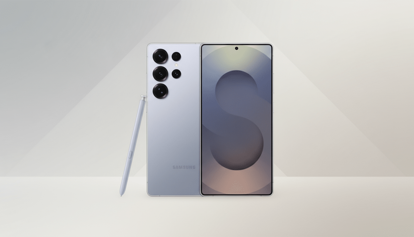 A light purple Samsung smartphone with a stylus next to it, presented on a professional flat design background with soft geometric patterns in shades of grey and beige.