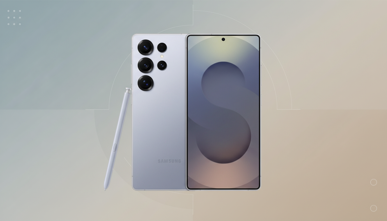 A light purple Samsung smartphone with its S Pen stylus, presented on a professional flat design background with soft gradients and subtle geometric patterns.