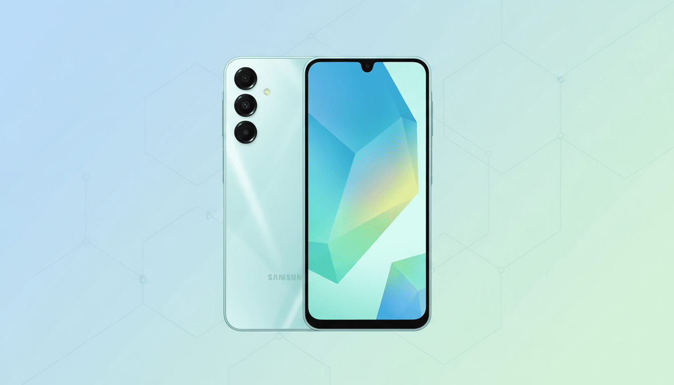 A light green Samsung smartphone, shown from the front and back, against a professional flat design background with soft blue and green gradients and subtle hexagonal patterns.