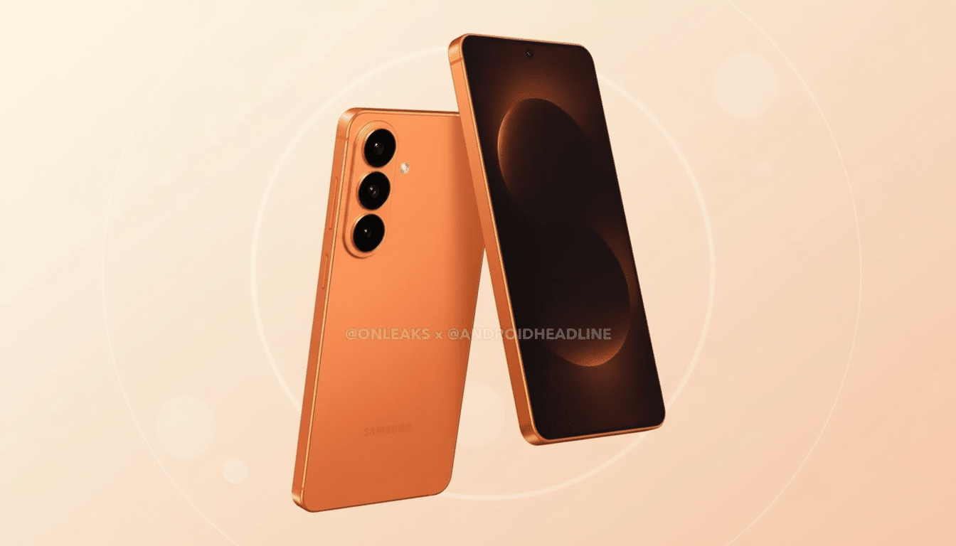 A professional image of two orange Samsung smartphones, one facing forward and the other angled to show its back with three camera lenses, set against a soft, light orange gradient background with subtle circular patterns.