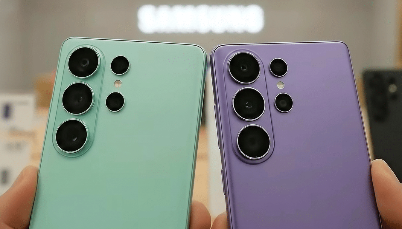 Two hands holding up two Samsung Galaxy S23 Ultra phones, one in light green and one in purple, showcasing their camera arrays.