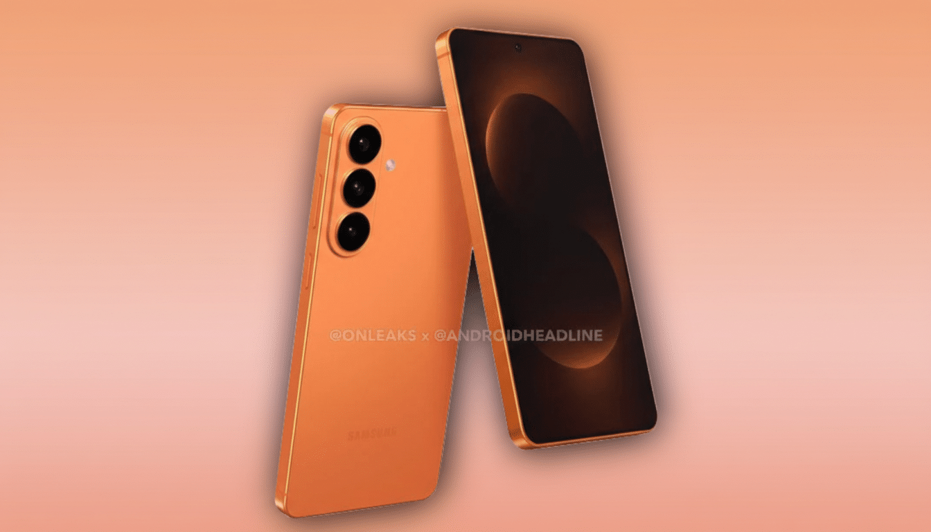 A 16:9 aspect ratio image of two orange Samsung smartphones, one facing forward and one facing backward, against a soft orange background.