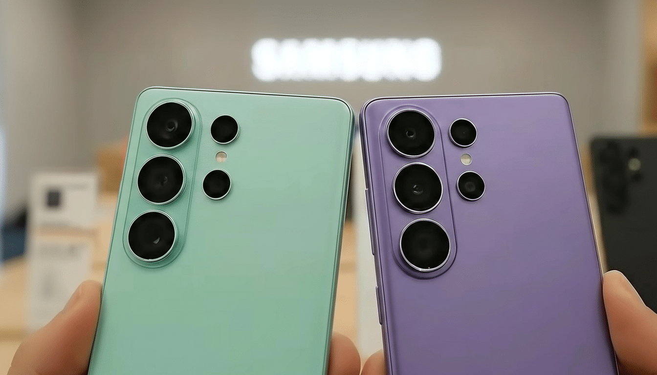 Two hands holding up two Samsung Galaxy S23 Ultra phones, one in light green and one in purple, showcasing their camera arrays.