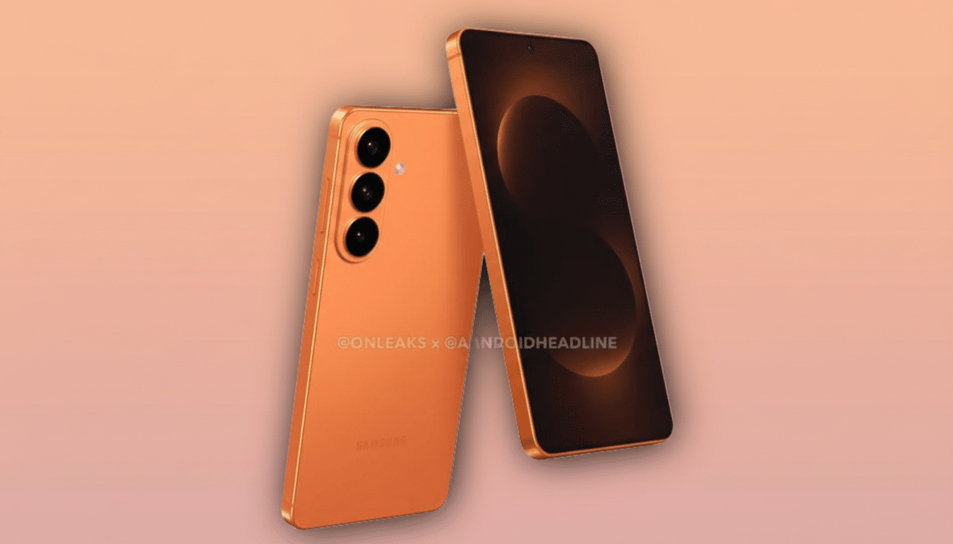 A 16:9 aspect ratio image of two orange Samsung smartphones, one facing forward and one facing backward, against a soft orange gradient background.