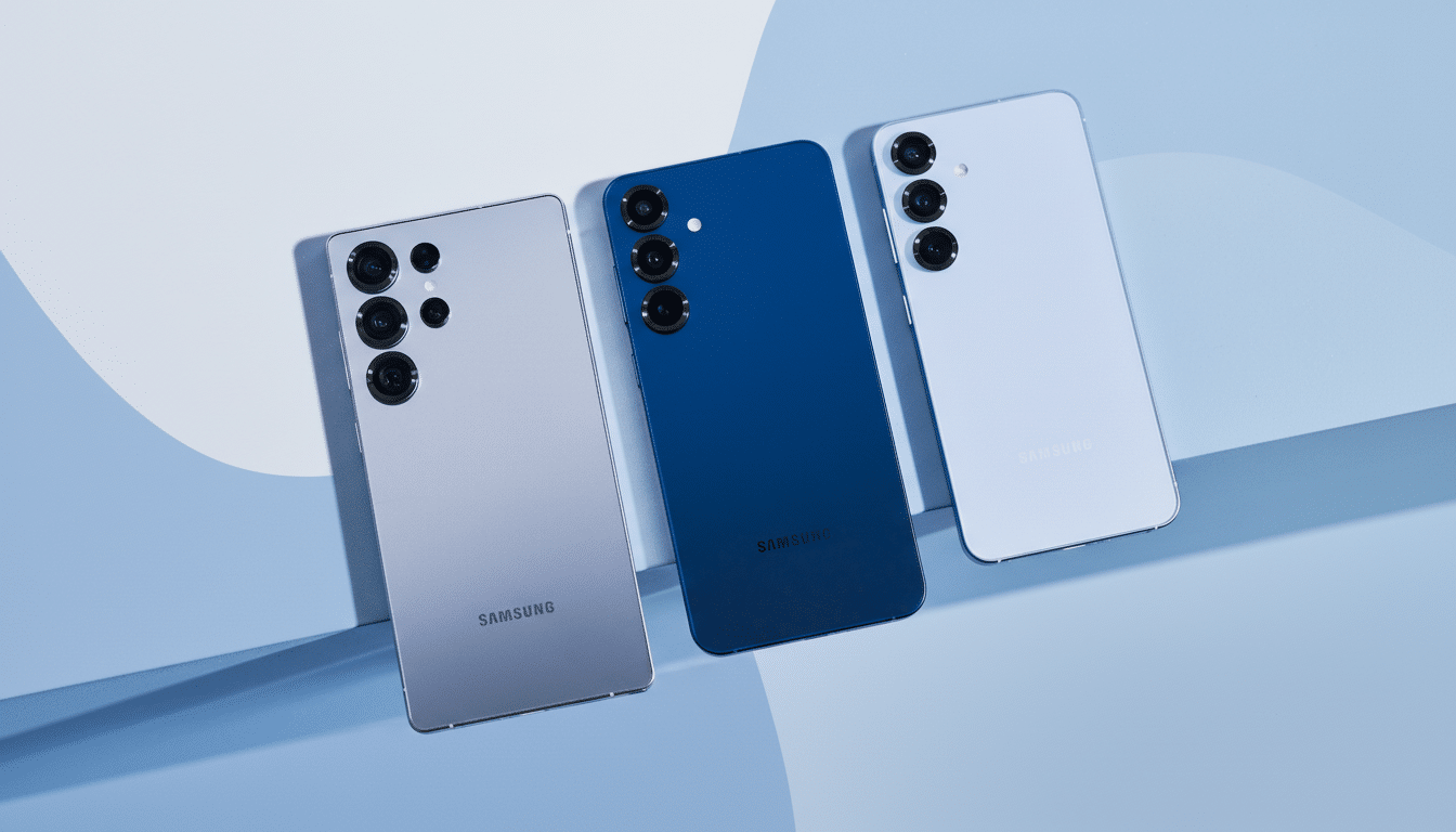 Three Samsung smartphones, one silver, one blue, and one light blue, are arranged diagonally on a light blue background with subtle wave patterns.