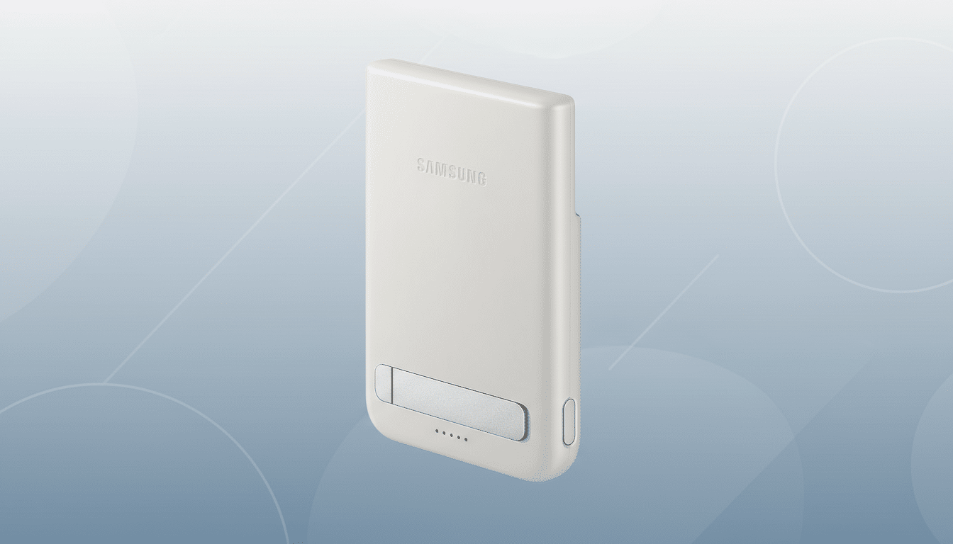A white Samsung power bank with a silver kickstand and four indicator lights, presented on a professional blue-grey background with subtle circular patterns.