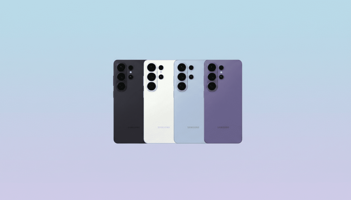 Four Samsung smartphones in black, white, light blue, and purple, arranged horizontally on a soft gradient background.