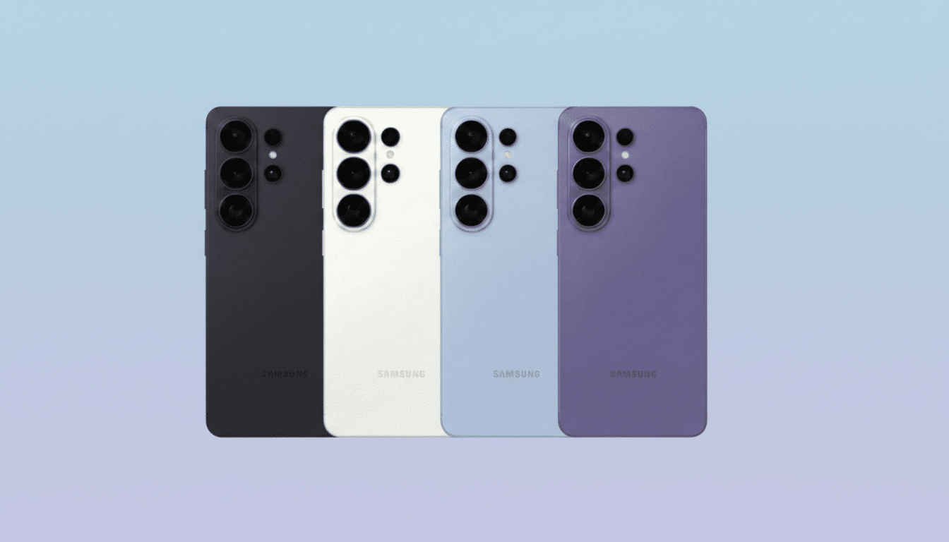 Four Samsung smartphones in black, white, light blue, and purple, arranged side-by-side on a soft gradient background.