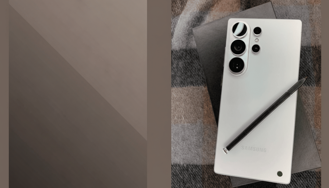 A silver Samsung smartphone with a black stylus resting on it, presented on a professional flat design background with soft gradients.