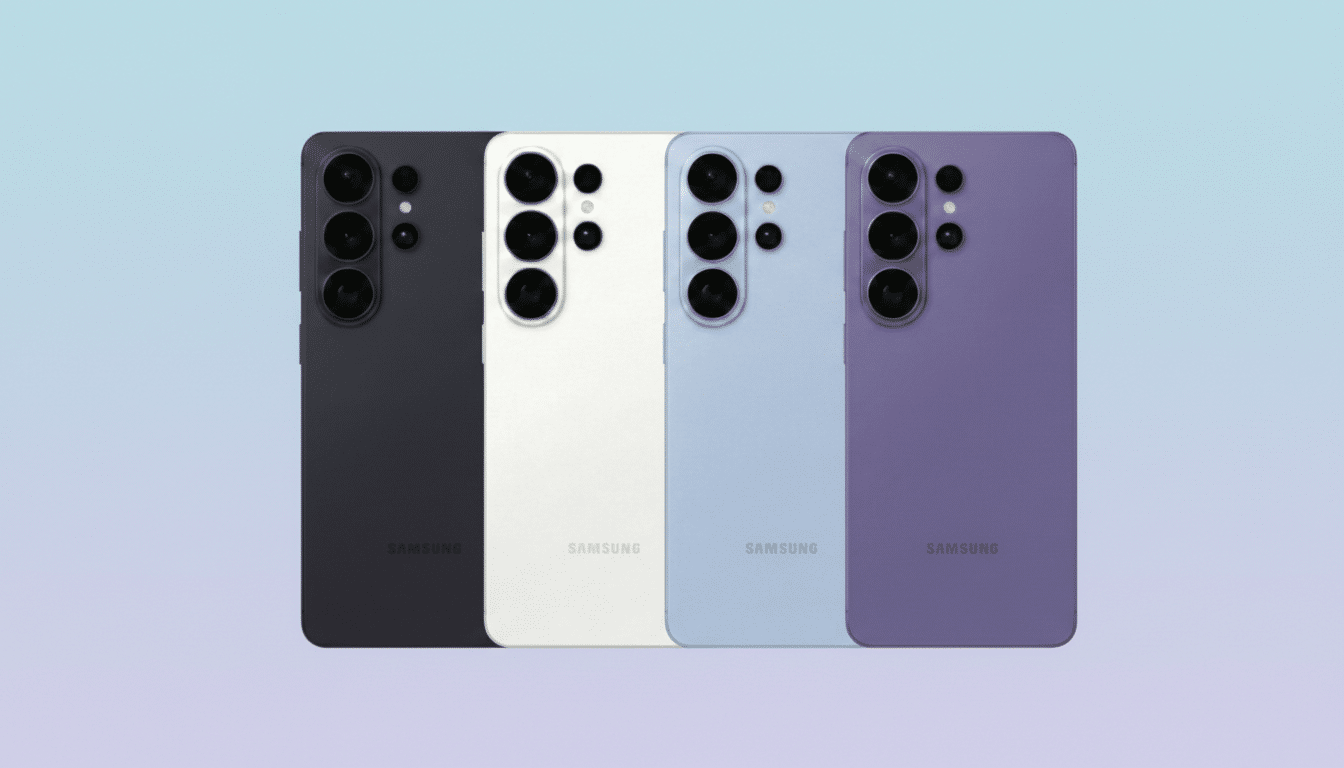 Four Samsung smartphones in black, white, light blue, and purple, arranged side-by-side on a soft gradient background.