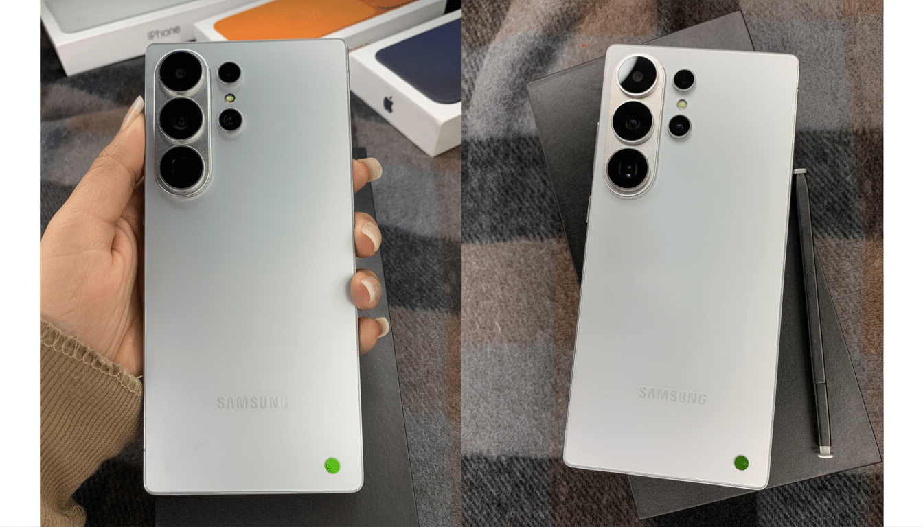 A silver Samsung smartphone is shown in two views, one held by a hand and the other lying on a dark, textured surface with its stylus.