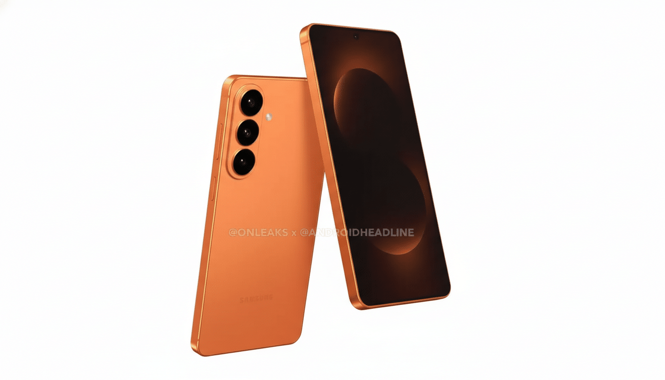 A professional image of two orange Samsung smartphones, one facing forward with a dark screen and the other showing its back with three camera lenses, set against a clean white background.