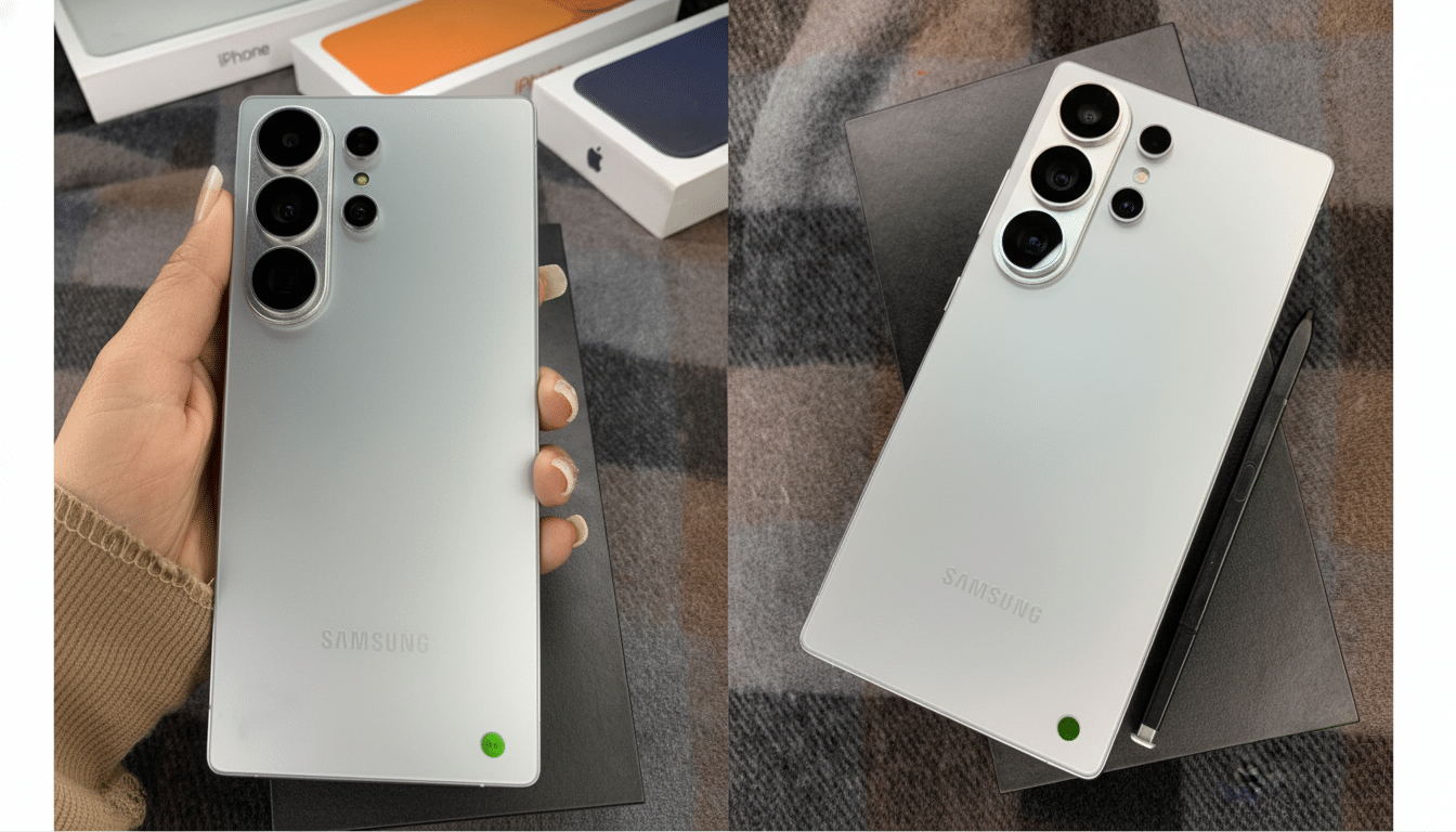 A silver Samsung smartphone is shown in two views, one held by a hand and the other resting on a dark surface with its stylus.