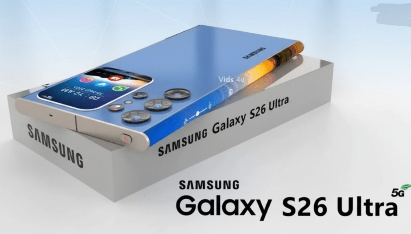 A blue Samsung Galaxy S26 Ultra smartphone with a flexible display, resting on its product box.