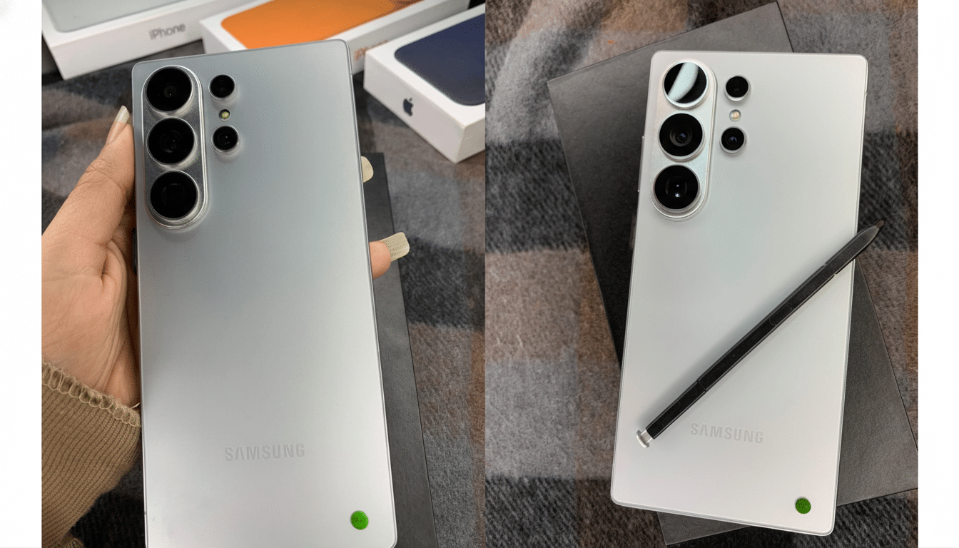 A silver Samsung smartphone with multiple cameras on the back, held by a hand on the left and lying on a dark surface with a stylus on the right.