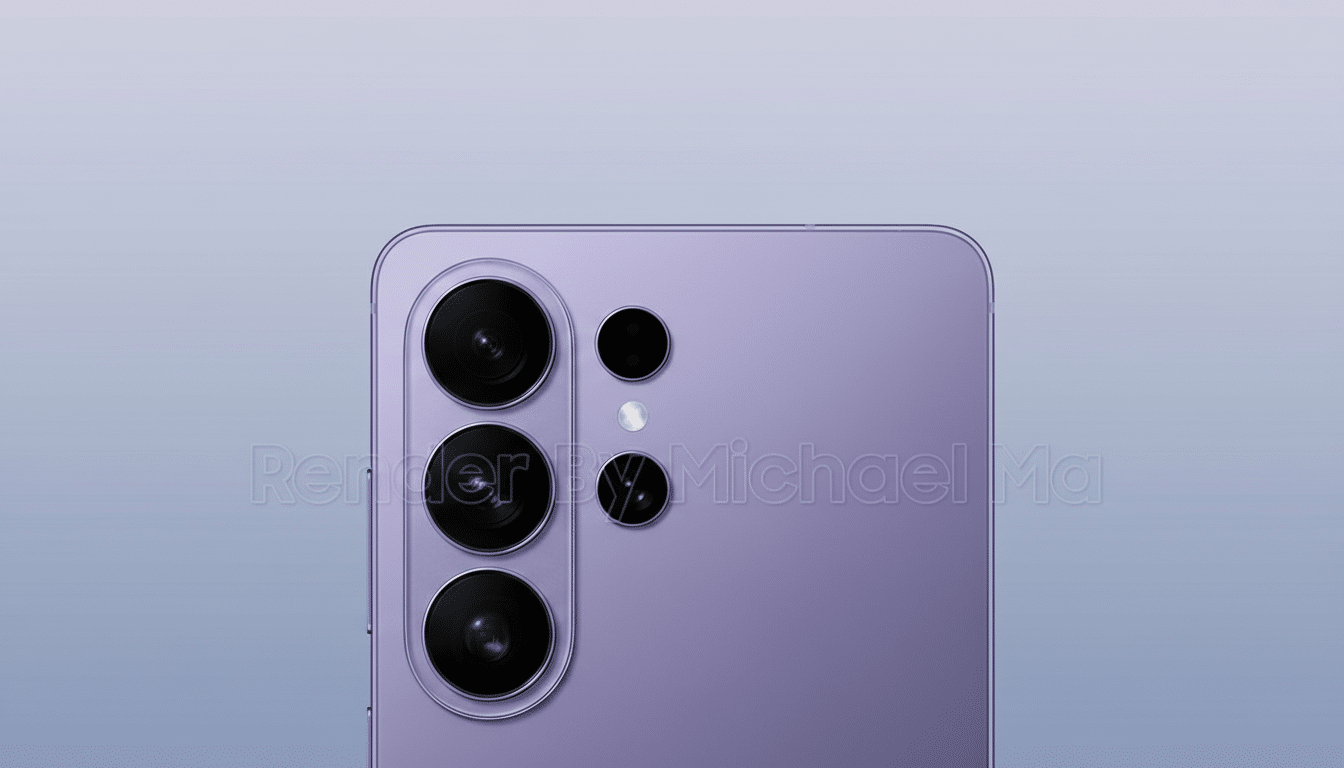 A close-up of the top portion of a purple smartphone, showcasing its camera array with three prominent lenses vertically aligned on the left, and two smaller lenses and a flash on the right, all set against a soft gradient background.
