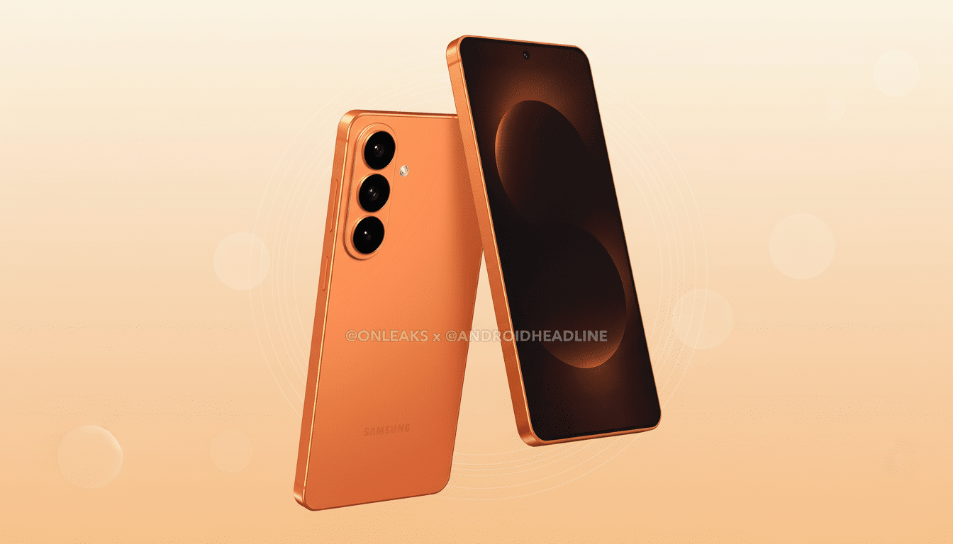 Two orange Samsung smartphones are displayed against a soft, gradient background with subtle circular patterns. One phone is seen from the back, showcasing its camera lenses, while the other is angled to reveal its dark screen.