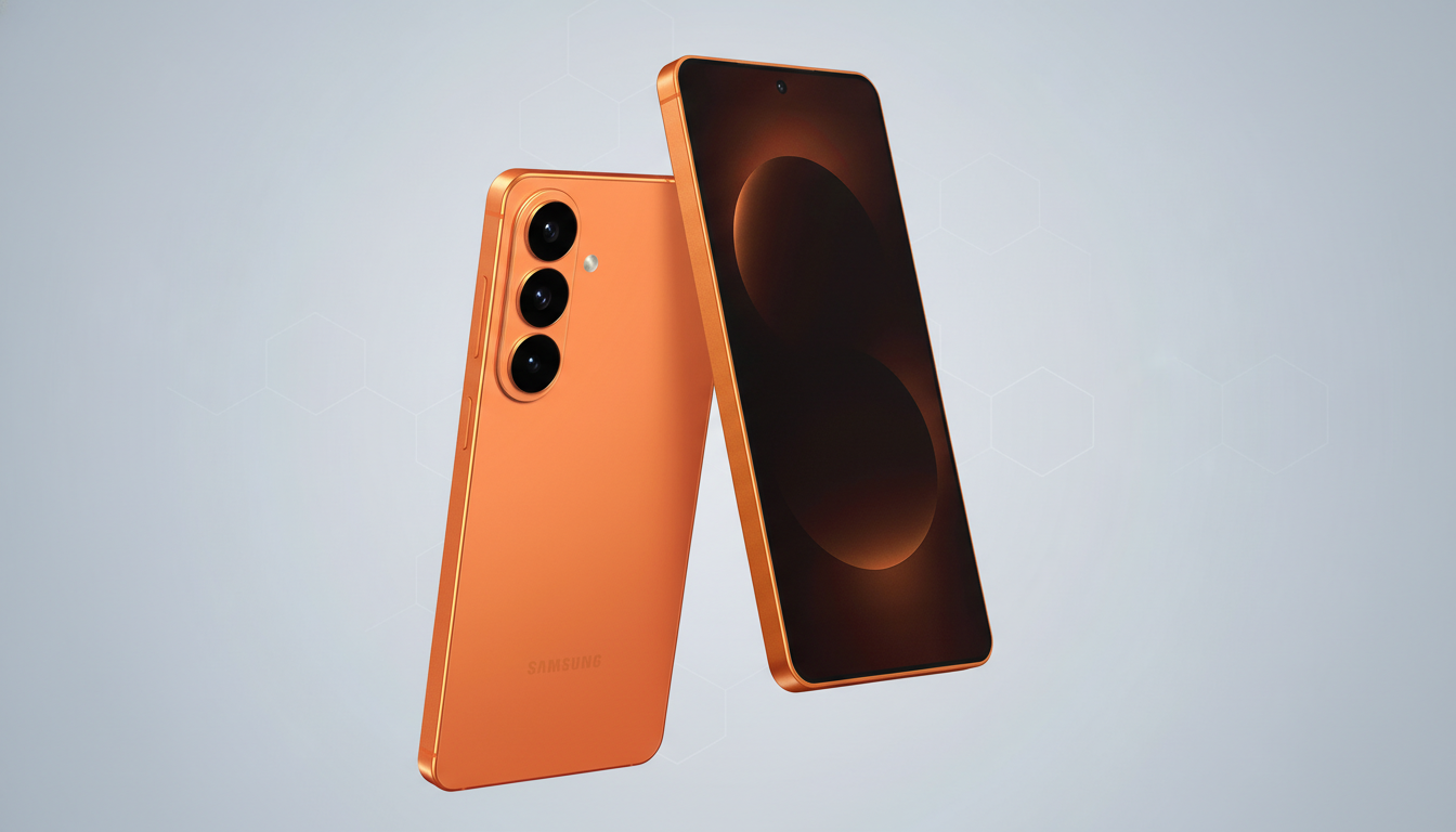 Two orange Samsung smartphones are displayed against a light gray background with subtle hexagonal patterns. One phone is seen from the back, showcasing its camera lenses and the Samsung logo, while the other is angled to reveal its dark screen.