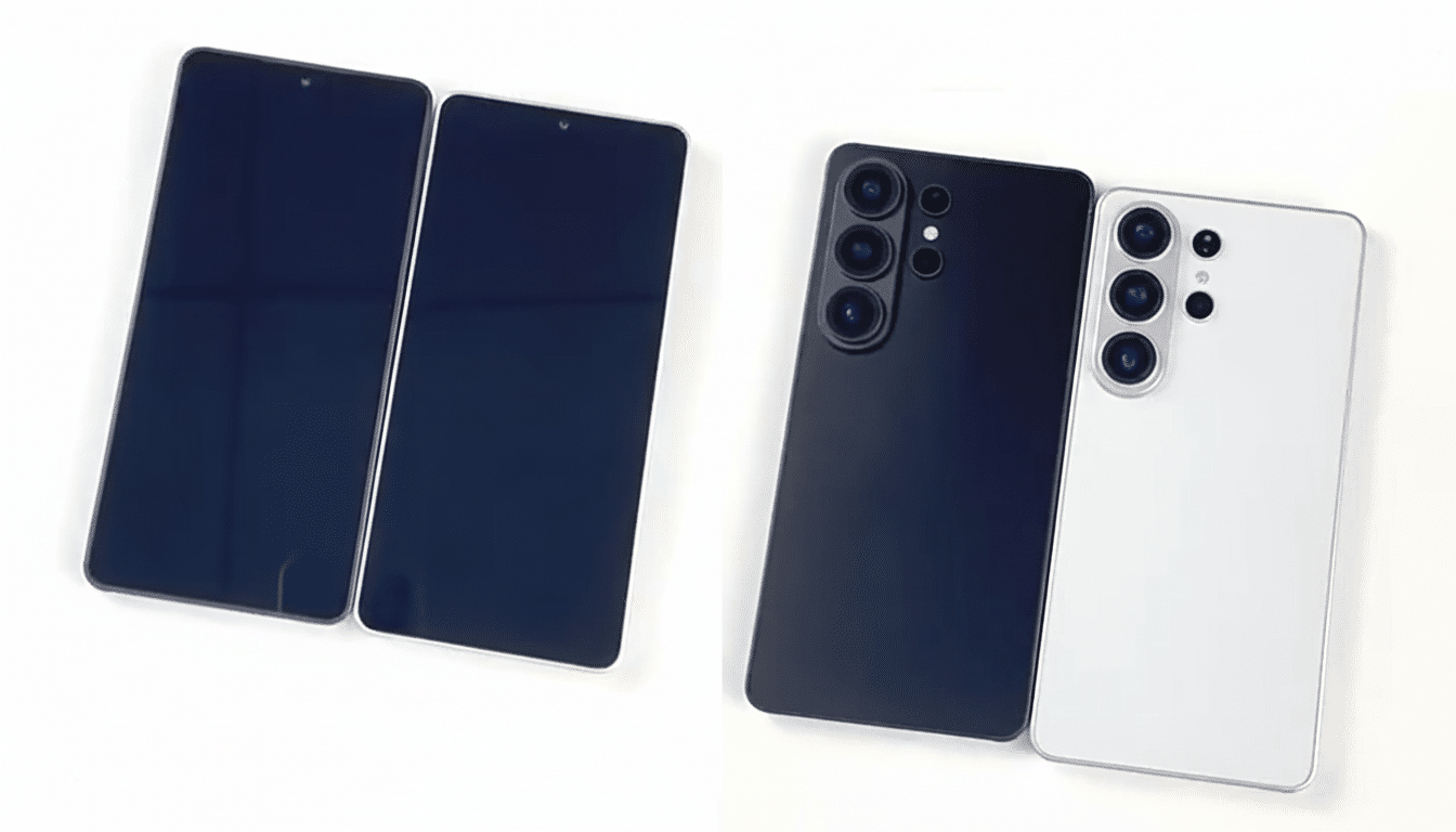 A split image showing two black smartphones with dark screens on the left, and on the right, a black smartphone and a white smartphone, both seen from the back with their camera arrays visible.